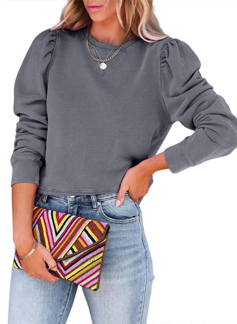 Dokotoo Womens Fashion Cropped Hoodies Y2k Puff Long Sleeve Crewneck Sweatshirt Fall Crop Tops for Women Trendy Crew Neck Grey Pullover Casual Loose cute clothes for teen girls Medium