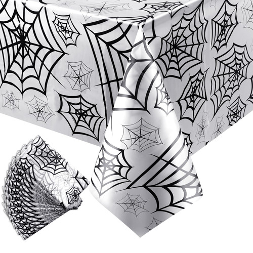 Peryiter 12 Pcs Halloween Table Cloth Plastic Spider Web Table Cover 54'' x 108'' Disposable Spiderweb Tablecloth Waterproof Rectangular Cobweb Party Table Cover for Halloween Party Decor Supplies
