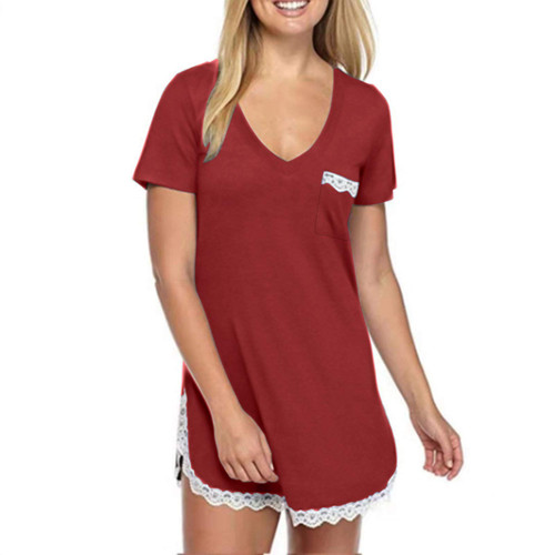 bwgrytuy Women Tshirt Dresses Summer Solid Straight V-Neck Tunic Short Sleeve Soft Lace Short Clasy Casual Dress