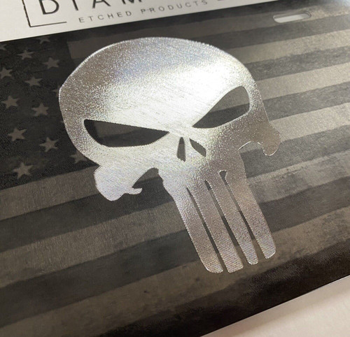 Engraved Punisher Combo Laser US Flag & Diamond Etched Car Tag License Plate