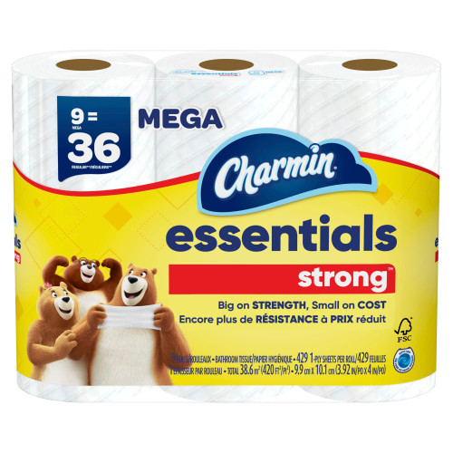 Charmin Essentials Strong Mega 2-Ply Toilet Paper Rolls, 4" x 4-1/2", White, 429 Sheets Per Roll, Pack of 9 Rolls