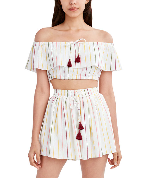BCBGeneration Women's Off The Shoulder Short Sleeve Slim Fit Tie Front Cropped Top, Ivory Multi, Medium