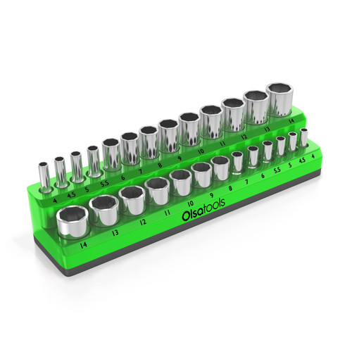 Olsa Tools Magnetic Socket Holder | 1/4-inch Drive | Metric | Green | Holds 26 Sockets | Professional Quality Tools Organizer