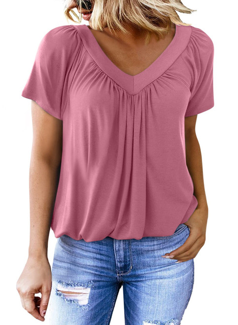 Dokotoo Womens Ladies Plus Size Summer Short Sleeve Shirts Casual V Neck Solid Loose Fit Casual Blouse Tshirts for Women Plain Tee Tunic Tops Pink XXL