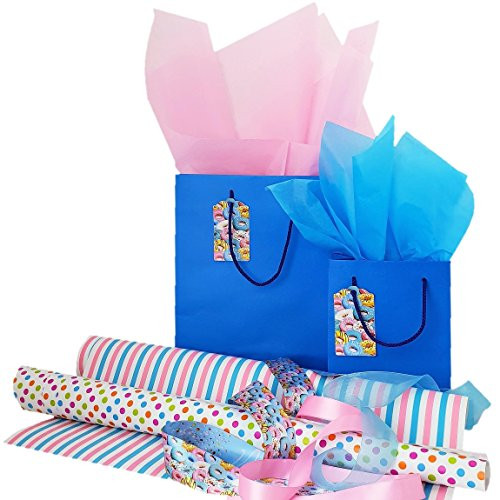Exclusive Trend Setting Gift Wrapping Set  Donut Dream Complete Gift Wrap Set with 2 Gift Bags w/Tags, Ribbons, Wrapping Paper and Tissue Paper, All Occasions (Blue)