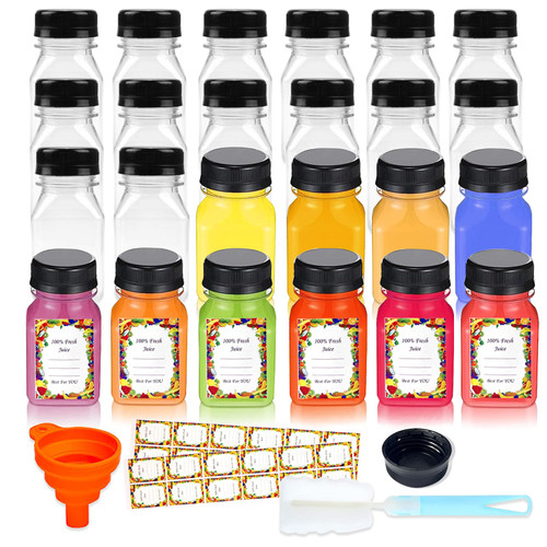 24pcs 4oz Plastic Juice Bottles with Caps Wide Mouth Shot Bottles Reusable Mini Juice Bottles with Funnel Label Brush,Juice Containers with Lids for Fridge,Fluids,Juicing,Drink,Smoothie,Ginger Beverag