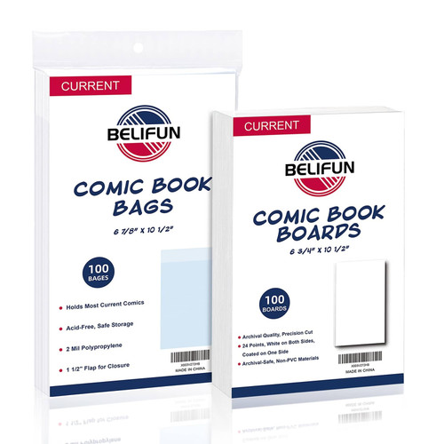 100ct Current Comic-Book-Bags and Boards - Reusable Comic Book Boards and Bags for Comic Book Storage, 1 1/2" Flap Comic Bags and Backing Boards, Clear Protector and Protection Board Cardboards