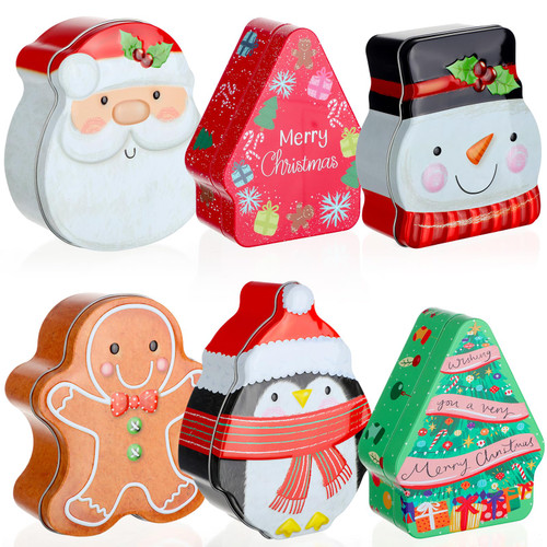 6 Pcs Christmas Cookie Tin Box Set Xmas Metal Candy Tins with Lids Food Storage Containers Cookie Jar Christmas Gift Packing Solution for Storing Candy Chocolate Biscuits Christmas Party Favor