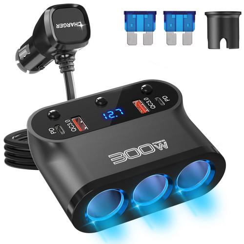 Cigarette Lighter Splitter 300W: OUFFUN Dual 18W QC3.0 and 30W PD USB-C Multi Way Cigarette Lighter Adapter DC Outlet Car 12V Splitter with LED Voltmeter Switches for iPhone Samsung Phone GPS Dash Cam