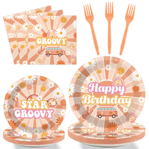 96 Pcs Groovy Birthday Tableware Set Hippie Plates Napkins Boho Party Decorations Retro Dinnerware with Daisy Flower 60's Style Party Supplies for Girls Birthday Tableware Kit Party Favor 24 Guests