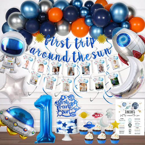 First Trip Around the Sun Birthday Decorations, Hombae Launch Space Sunshine 1st Birthday Decorations Supplies Kit, Photo Gold Glitter Banner Cake Cupcake Topper Balloon Garland Arch Kit