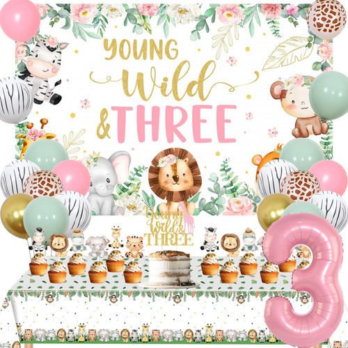 Jungle Safari 3rd Birthday Decorations for Girl - Young Wild And Three Backdrop Balloons Garland Arch Kit Sage Green, Zoo Animal Foil Balloons for First Birthday Party Supplies