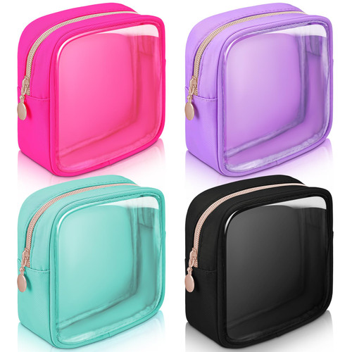 Hushee 4 Pcs Clear Makeup Bag for Purse,Preppy Makeup Bag Nylon PVC Cosmetic Travel Bag Cute Toiletry Cosmetic Zipper Pouch Purse, Waterproof Storage Bag Makeup Organizer Bag for Women Girls (Mini)