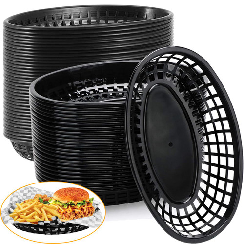 LOSYHU 50 Pack Black Plastic Bread Baskets 9" x 5.7" Oval Fry Fast Food Baskets, Plastic Food Serving Baskets for Fast Food Restaurant Supplies, Deli Serving, Chicken, Burgers, Sandwiches, Fries