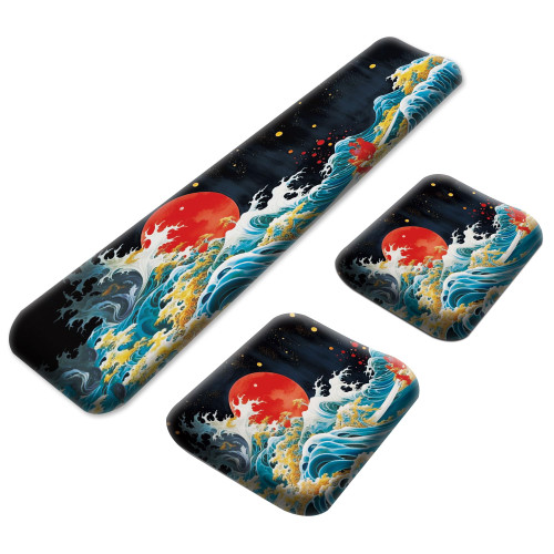 Keyboard Wrist Rest Pad + Desk Elbow Pads (3PCS Set), Memory Foam Gel Wrist Rest for Keyboard Mouse,Ergonomic Arm Elbow Cushion Support Pad for Computer Laptop Mac-Japanese Wave Red Sun