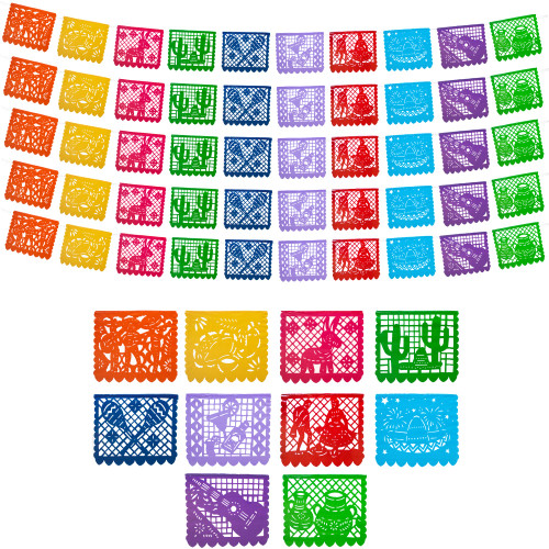 Mexican Party Banners (5 Pack with 10 Plastic Flags per Banner) - Papel Picado Cinco de Mayo Party Decorations - Cinco de Mayo Banner - Mexican Themed Party Decorations 5 de Mayo - Mexican Banners
