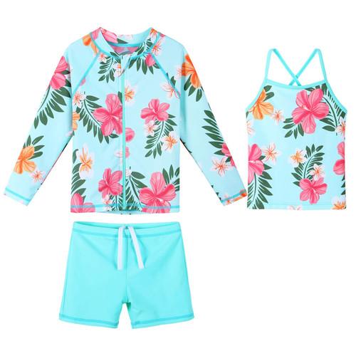 Girls Long Sleeve Swimsuits Rashguard 3 Pcs Sun Protective UV 50+ Zipper Swimwear S365_CyanFlower_104/110 Aqua Girls Long Sleeve Swimsuits Rashguard 3 Pcs Sun Protective UV 50+ Zipper Swimwear S365_CyanFlower_104/110 Aqua