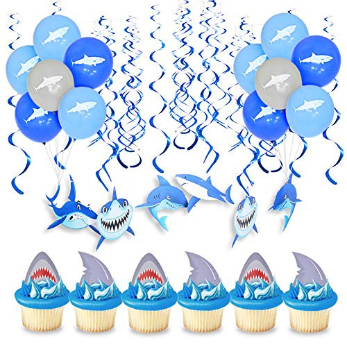 Shark Party Decorations Shark Hanging Swirl Cupcake Toppers Balloons for Kids Birthday Party Supplies