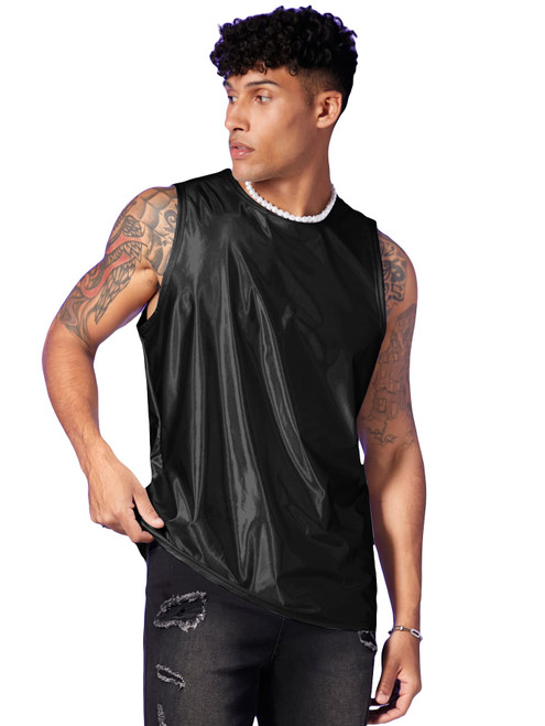 WDIRARA Men's Metallic Tank Top T Shirt Sleeveless Round Neck Club Party Top Solid Black M