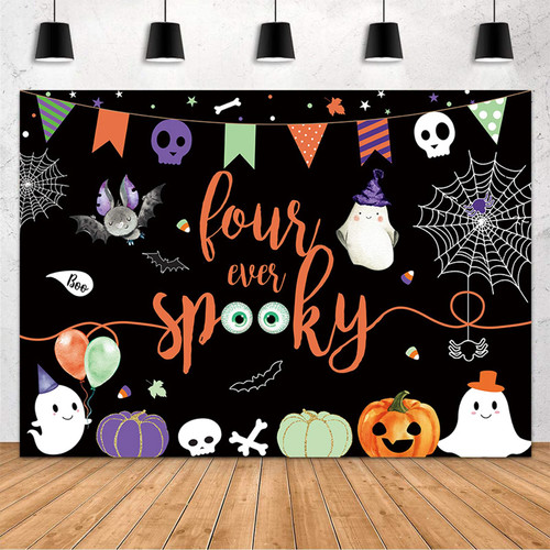 MEHOFOND 7x5ft Four Ever Spooky Backdrop Halloween 4th Birthday Backdrop for Boy Halloween Boo 4th Birthday Party Decorations Supplies Banner Photography Background Photo Booth Props