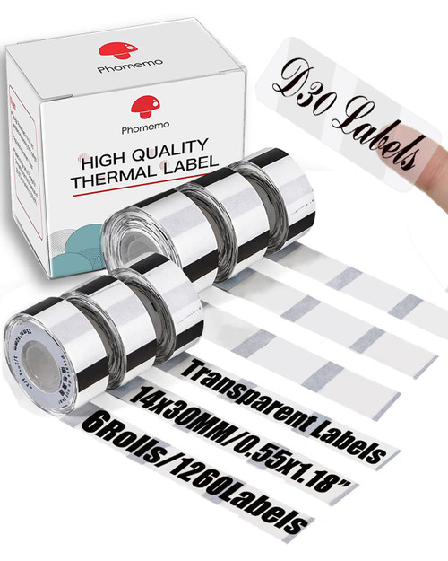 Clear D30 Label Maker Tape - D30 Transparent Label Tape 14x30mm (0.55x1.18") Memoking D30 Labels Maker Paper Compatible with Phomemo D30 Label Maker Paper - 6 Rolls Clear D30 Labels Tape - 210PCS/Roll Clear D30 Label Maker Tape - D30 Transparent Label Tape 14x30mm (0.55x1.18") Memoking D30 Labels Maker Paper Compatible with Phomemo D30 Label Maker Paper - 6 Rolls Clear D30 Labels Tape - 210PCS/Roll