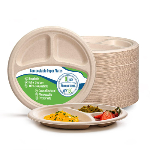 Paper Plates 9 inch 3 Compartment [150 Count] Brown Heavy-Duty - Microwavable, Hot & Cold, Sturdy Grease Resistant, Eco-Friendly, Food Grade Sugar Cane Fiber