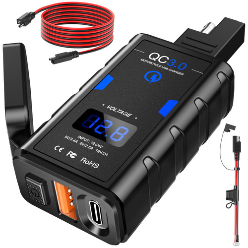 EXTRACTME Motorcycle USB Charger, Upgraded 6.4A Quick Charge 3.0 & Type C PD Dual USB Motorcycle Phone Charger with Voltmeter, Waterproof Motorcycle Accessories for Phone, Tablet, GPS, etc