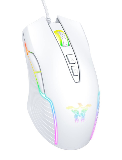PHNIXGAM Wired Gaming Mouse, Ergonomic RGB Computer Mouse with RGB Backlight, Adjustable DPI UP to 6400, 7 Programmable Buttons for Windows Vista Linux (White)