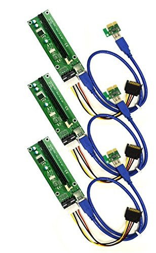 PCI-E 1x to 16x Powered Riser Adapter Card w/ 60cm USB 3.0 Extension Cable & MOLEX to SATA Power Cable - GPU Riser Extender Cable - Ethereum Mining ETH (3 Pack)