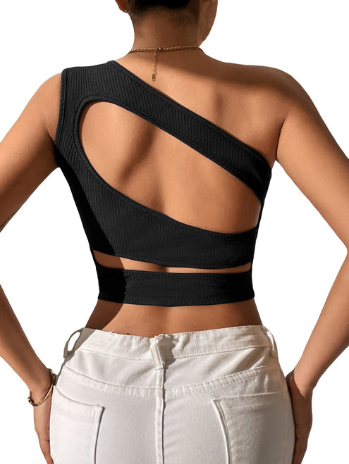 GORGLITTER Women's Cut Out One Shoulder Crop Tops Sleeveless Ribbed Knit Crop Tank Tops Black Large