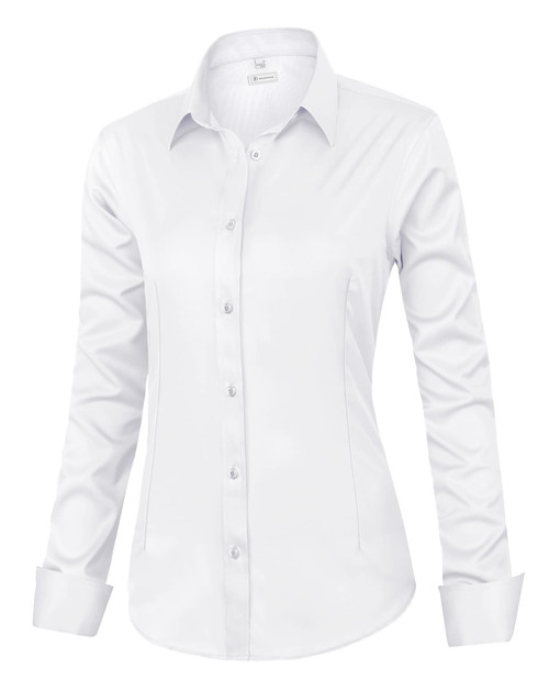 siliteelon Womens Classic-Fit Dress Shirts Long Sleeve Button Down Wrinkle-Free Stretch Solid Casual Work Office Blouse Top White X-Large