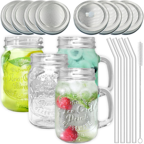 Pinkrella Mason Drinking Jars - Glass Mugs With handle 4 pack, Mason Jars With Sealed & Straw Lids, Glass Straws, & Cleaning Brush, Drinking Glasses, Glass Mason Jar Mugs 16 oz