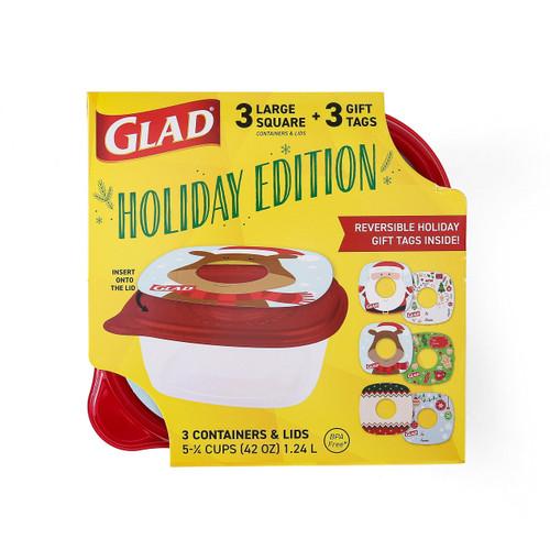 GladWare Holiday Food Storage Containers with Reversible Gift Tags, 3 Count Large Square Containers & Lids, 42oz | Microwave-Safe, Freezer-Safe, Dishwasher-Safe