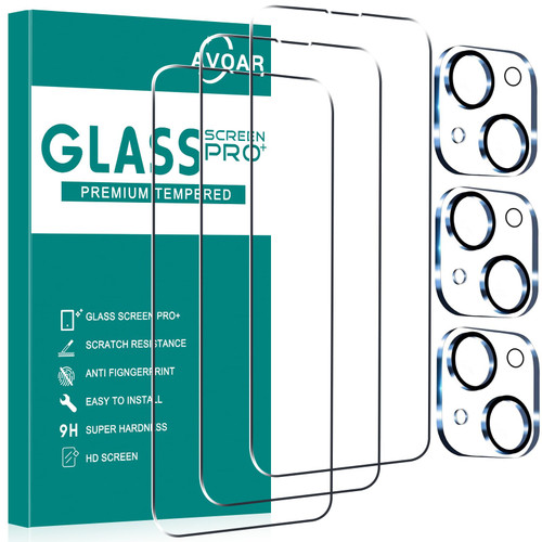 AVOAR [3+3 Pack Glass Screen Protector for iPhone 15 with Camera Lens Protector, 6.1 Inch HD Clear Tempered Glass Film for iPhone 15, Anti-Scratch, Bubble Free, Case-friendly