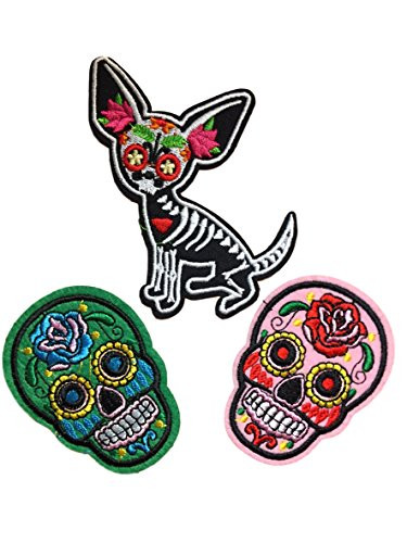SUGAR SKULL BUNDLE Iron-on Applique Patches Day of the Dead Dia de los Muertos (Sugar Skull Dog, Light Pink & Green)