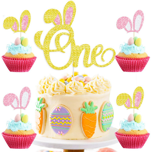 Some Bunny is One Cupcake Topper Pink Bunny Ears Cake Topper Happy Birthday Easter Party Cake Decorations 25 Pcs
