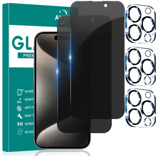 AVOAR [2+2 Pack Privacy Screen Protector for iPhone 15 Plus with Camera Lens Protector, 6.7 Inch Tempered Full Screen Glass Accessories, Anti-Spy, Bubble Free, Case Friendly
