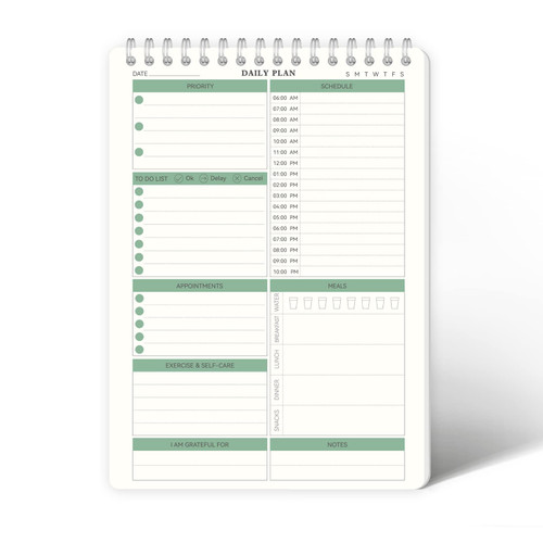 Daily Planner Notepad Undated, Spiral Daily Planning Pad, Desktop To Do List Notepad with Hourly Schedule, Meal Tracker, Checklist, Undated 120 Sheets, Spiral Binding, 6" x 8.5"