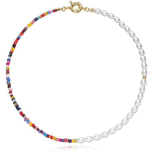 Frodete Pearl Beaded Necklace for Women Irregular Colorful Beads Bohemian Bead Pearl Choker Necklaces Happy Face Necklaces for Teen Girls