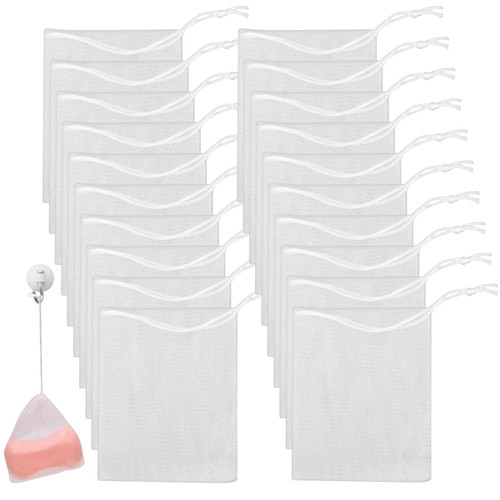Mozeat Lens 20 PCS Exfoliating Mesh Soap Saver Pouch Bag Mesh Soap Bag Soap Handmade Soap Bubble Mesh Net Bags with Drawstring Mesh Foaming Net Soap Sack Bags for Bath & Shower