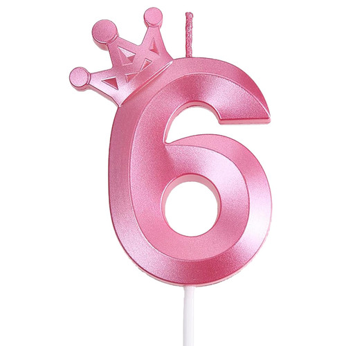 Pink Number 6 Birthday Candle?6th ?Birthday Party Pink Theme Decorations?3D Crown Designed Number Candles for Birthday Cake Topper Decorations?6 Candle Pink?
