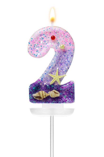 Hokoad Birthday Number 2 Candles, Mermaid Theme Birthday Candles for Cake, Pink Purple Numeral Candle Cake Topper with Sequins for Birthday Party Favors Decorations