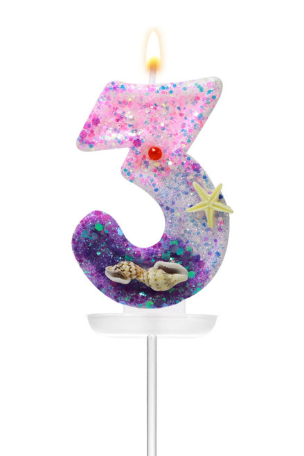 Hokoad Birthday Number 3 Candles, Mermaid Theme Birthday Candles for Cake, Pink Purple Numeral Candle Cake Topper with Sequins for Birthday Party Favors Decorations