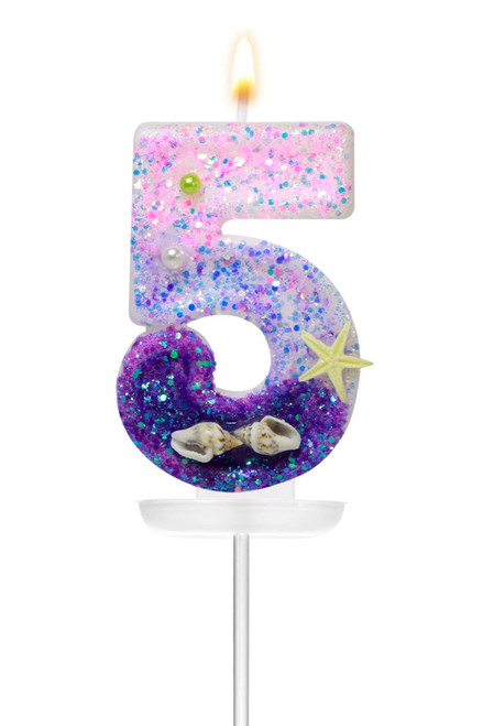 Hokoad Birthday Number 5 Candles, Mermaid Theme Birthday Candles for Cake, Pink Purple Numeral Candle Cake Topper with Sequins for Birthday Party Favors Decorations