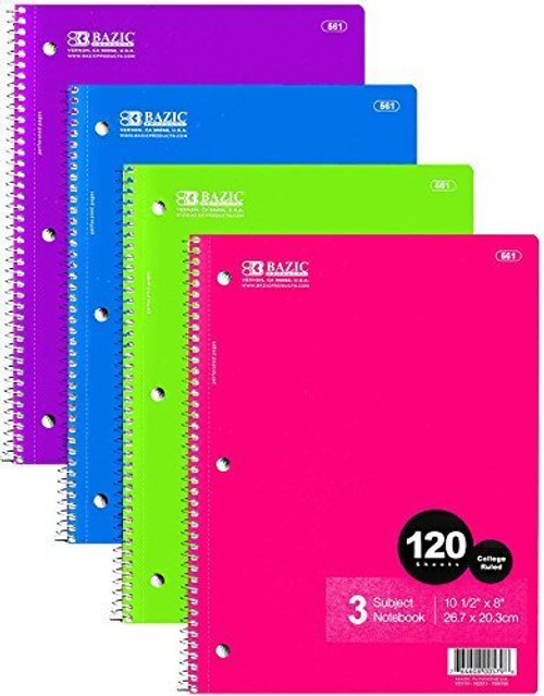 6 Pk, Bazic College Ruled 3-Subject Spiral Notebook, 120 Sheets