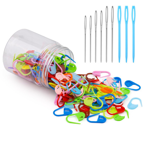 150 Pcs Knitting Crochet Locking Stitch Markers, Colorful Crochet Stitch Markers with 9 Pcs Sewing Needles, Knitting Markers Crochet Clips with Clear Storage Box for Knitting Sewing Kit