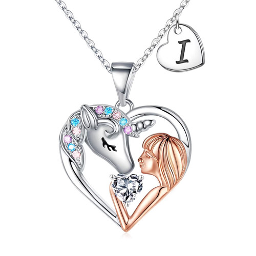 STORUP Unicorns Gifts for Girls Necklace, Colorful CZ Heart Unicorn Necklace Cute Letter I Initial Unicorn Necklaces for Girls Jewelry Little Girls Gifts Unicorn Gifts for Girls Age 6-8