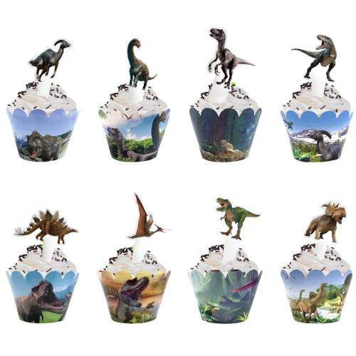 Kawailay 48 PCS Dinosaur Cupcake Toppers and Wrappers Dinosaur Birthday Party Cupcake Picks Jurassic Dinosaur Cake Decorations for Baby Shower Kids Birthday Party Decor