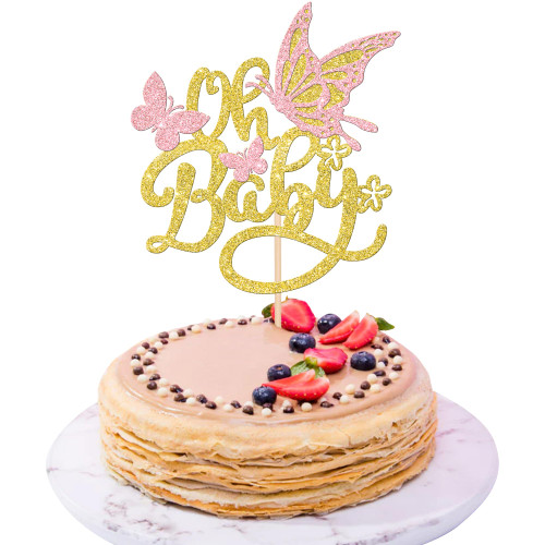 1 PCS Oh Baby Cake Topper with Butterfly Glitter Baby Shower Cake Pick 3D Butterfly Cake Decorations for Gender Reveal Baby Shower Kids Girls Birthday Party Supplies Gold