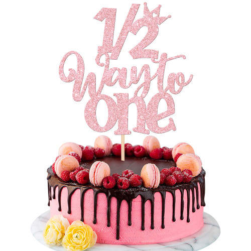1 PCS 1/2 Half Way to One Cake Topper Glitter Half Way to Go Cake Pick Happy 6 Months Birthday Cake Decoration for Baby Happy 6 Months Birthday Party Decorations Supplies Light Pink